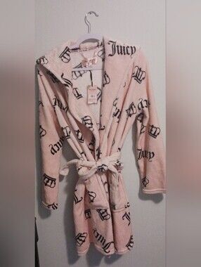 NWT Juicy Couture Pink Black Crown Logo Luxe Plush Hooded Robe L/XL